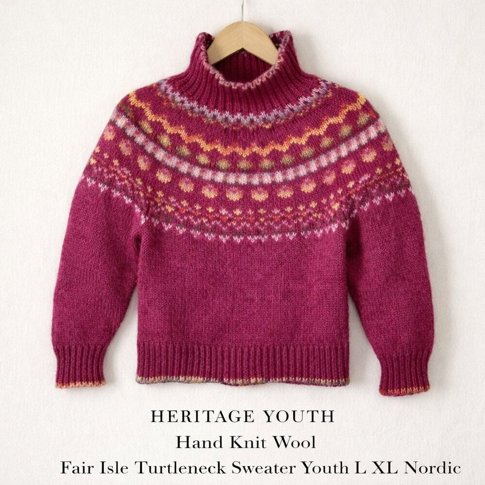 Hand Knit Wool Fair Isle Turtleneck Sweater Youth L XL Nordic